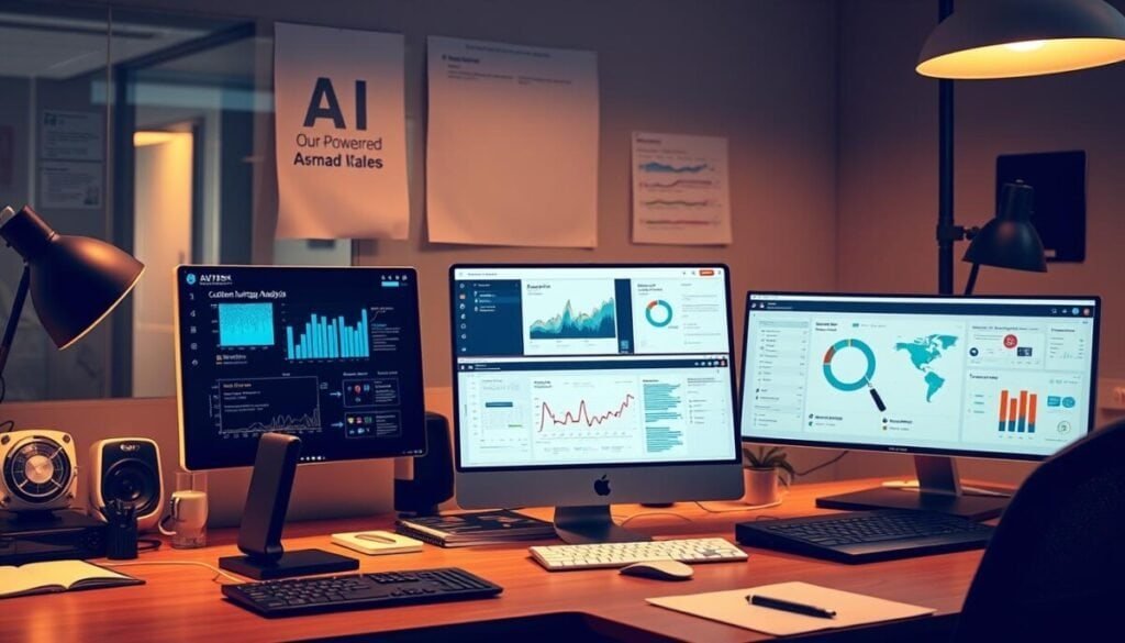 An office desk with an array of AI-powered digital tools and interfaces, including a smart digital assistant, a sentiment analysis dashboard, and a customer journey mapping application. The tools are arranged in a cohesive, visually appealing layout, bathed in warm, directional lighting that casts subtle shadows, creating a sense of depth and focus. The scene conveys a professional, technologically advanced workspace where data-driven decision-making is seamlessly integrated into the workflow. The overall atmosphere is one of efficiency, innovation, and a human-centric approach to leveraging AI-powered insights. An office desk with an array of AI-powered digital tools and interfaces, including a smart digital assistant, a sentiment analysis dashboard, and a customer journey mapping application. The tools are arranged in a cohesive, visually appealing layout, bathed in warm, directional lighting that casts subtle shadows, creating a sense of depth and focus. The scene conveys a professional, technologically advanced workspace where data-driven decision-making is seamlessly integrated into the workflow. The overall atmosphere is one of efficiency, innovation, and a human-centric approach to leveraging AI-powered insights.