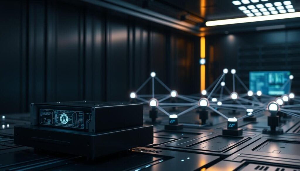 Detailed 3D schematic of a proprietary AI linking tool system, meticulously rendered in a hyper-realistic photographic style. The foreground depicts the core module, a sleek black rectangular housing with intricate circuitry and holographic interfaces. The middle ground showcases a network of interconnected nodes, pulsing with energy, linking the central module to peripheral systems. In the background, a dimly lit, high-tech environment with subtle ambient lighting and reflective metallic surfaces creates a sense of advanced, secure technology. The overall scene conveys the complex, sophisticated nature of proprietary AI linking tools, emphasizing their closed, exclusive nature.