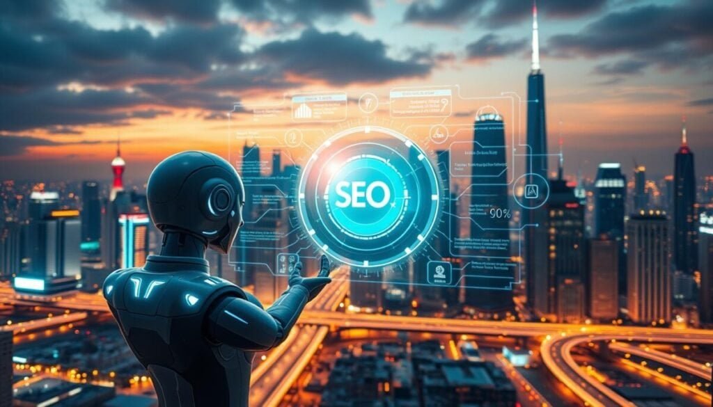 Hyper-realistic image of emerging AI-powered SEO trends, showcasing a futuristic cityscape with a glowing central data hub surrounded by holographic search engine optimization tools. In the foreground, a sleek AI assistant guides the viewer through a dynamic dashboard, displaying real-time analytics and automated recommendations. The middle ground features a network of interconnected devices, sensors, and algorithms that power the AI-driven SEO ecosystem. The background depicts a skyline of towering skyscrapers and advanced infrastructure, symbolizing the integration of AI into the fabric of modern digital marketing. Lighting is a blend of warm and cool tones, creating a sense of technological sophistication and innovation. Hyper-realistic image of emerging AI-powered SEO trends, showcasing a futuristic cityscape with a glowing central data hub surrounded by holographic search engine optimization tools. In the foreground, a sleek AI assistant guides the viewer through a dynamic dashboard, displaying real-time analytics and automated recommendations. The middle ground features a network of interconnected devices, sensors, and algorithms that power the AI-driven SEO ecosystem. The background depicts a skyline of towering skyscrapers and advanced infrastructure, symbolizing the integration of AI into the fabric of modern digital marketing. Lighting is a blend of warm and cool tones, creating a sense of technological sophistication and innovation.