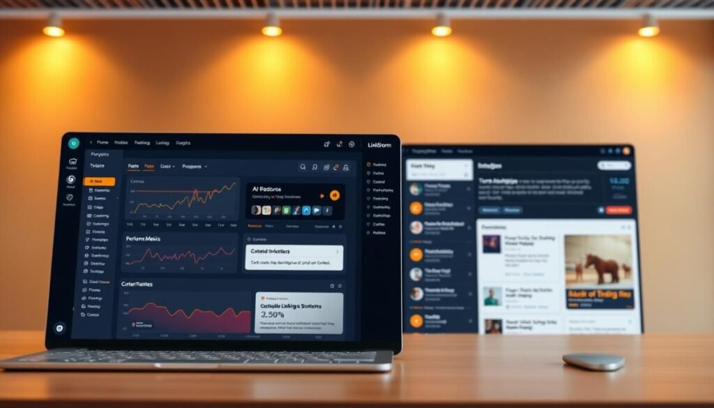 Hyper realistic photo of LinkStorm's internal linking tools interface, showcasing its AI-powered features. In the foreground, a sleek dashboard displays real-time analytics, performance metrics, and optimization recommendations. The middle ground features a intuitive sidebar with customizable linking strategies and content suggestions. In the background, a subtle grid layout highlights the seamless integration of LinkStorm within the user's content management system. Warm lighting illuminates the clean, modern design, creating a professional and efficient atmosphere. The overall scene conveys the ease and power of LinkStorm's AI-driven internal linking capabilities. Hyper realistic photo of LinkStorm's internal linking tools interface, showcasing its AI-powered features. In the foreground, a sleek dashboard displays real-time analytics, performance metrics, and optimization recommendations. The middle ground features a intuitive sidebar with customizable linking strategies and content suggestions. In the background, a subtle grid layout highlights the seamless integration of LinkStorm within the user's content management system. Warm lighting illuminates the clean, modern design, creating a professional and efficient atmosphere. The overall scene conveys the ease and power of LinkStorm's AI-driven internal linking capabilities.
