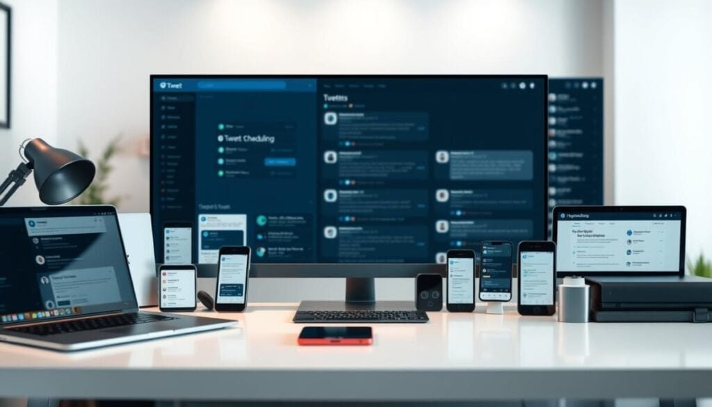 Hyper-realistic photograph of a meticulously curated workspace showcasing an array of top-tier tweet scheduling tools. The foreground features a sleek, minimalist desk with a laptop, smartphone, and a neatly organized collection of various tweet scheduling apps and platforms. The middle ground highlights a clean, well-lit environment with subtle ambient lighting, creating a professional and productive atmosphere. The background subtly blurs, placing the focus on the key tools and features that enable efficient and maximized tweet scheduling. The overall composition conveys a sense of organization, efficiency, and the power of these comprehensive scheduling solutions. Hyper-realistic photograph of a meticulously curated workspace showcasing an array of top-tier tweet scheduling tools. The foreground features a sleek, minimalist desk with a laptop, smartphone, and a neatly organized collection of various tweet scheduling apps and platforms. The middle ground highlights a clean, well-lit environment with subtle ambient lighting, creating a professional and productive atmosphere. The background subtly blurs, placing the focus on the key tools and features that enable efficient and maximized tweet scheduling. The overall composition conveys a sense of organization, efficiency, and the power of these comprehensive scheduling solutions.