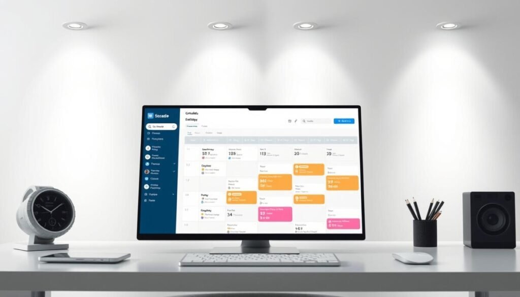 Hyper realistic photos of a sleek and modern social media scheduling tool, set against a clean, minimalist background. The tool is displayed prominently in the foreground, its intuitive interface and streamlined design showcased under crisp, evenly distributed lighting. The mid-ground features subtle details like desktop accessories, while the background maintains a simple, uncluttered aesthetic to draw the viewer's focus to the central subject. The overall mood is professional, efficient, and visually appealing, perfectly capturing the essence of a powerful scheduling solution. Hyper realistic photos of a sleek and modern social media scheduling tool, set against a clean, minimalist background. The tool is displayed prominently in the foreground, its intuitive interface and streamlined design showcased under crisp, evenly distributed lighting. The mid-ground features subtle details like desktop accessories, while the background maintains a simple, uncluttered aesthetic to draw the viewer's focus to the central subject. The overall mood is professional, efficient, and visually appealing, perfectly capturing the essence of a powerful scheduling solution.