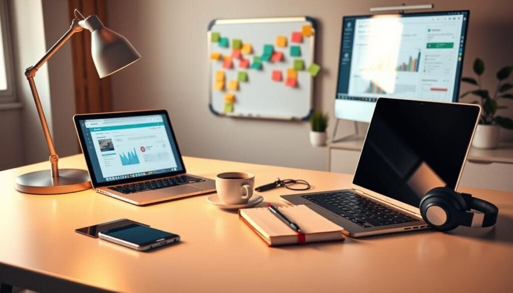 Hyper realistic photos of an assortment of digital marketing tools arranged on a sleek, minimalist desk. In the foreground, a laptop, smartphone, and notebook with a pen. In the middle ground, a stylish desk lamp, a cup of coffee, and a pair of designer headphones. In the background, a clean whiteboard with colorful sticky notes, a monitor displaying a web analytics dashboard, and a potted plant. Warm, natural lighting floods the scene, creating a professional, productivity-focused atmosphere. The tools are meticulously detailed, showcasing their advanced features and capabilities for enhancing a contextual linking strategy. Hyper realistic photos of an assortment of digital marketing tools arranged on a sleek, minimalist desk. In the foreground, a laptop, smartphone, and notebook with a pen. In the middle ground, a stylish desk lamp, a cup of coffee, and a pair of designer headphones. In the background, a clean whiteboard with colorful sticky notes, a monitor displaying a web analytics dashboard, and a potted plant. Warm, natural lighting floods the scene, creating a professional, productivity-focused atmosphere. The tools are meticulously detailed, showcasing their advanced features and capabilities for enhancing a contextual linking strategy.