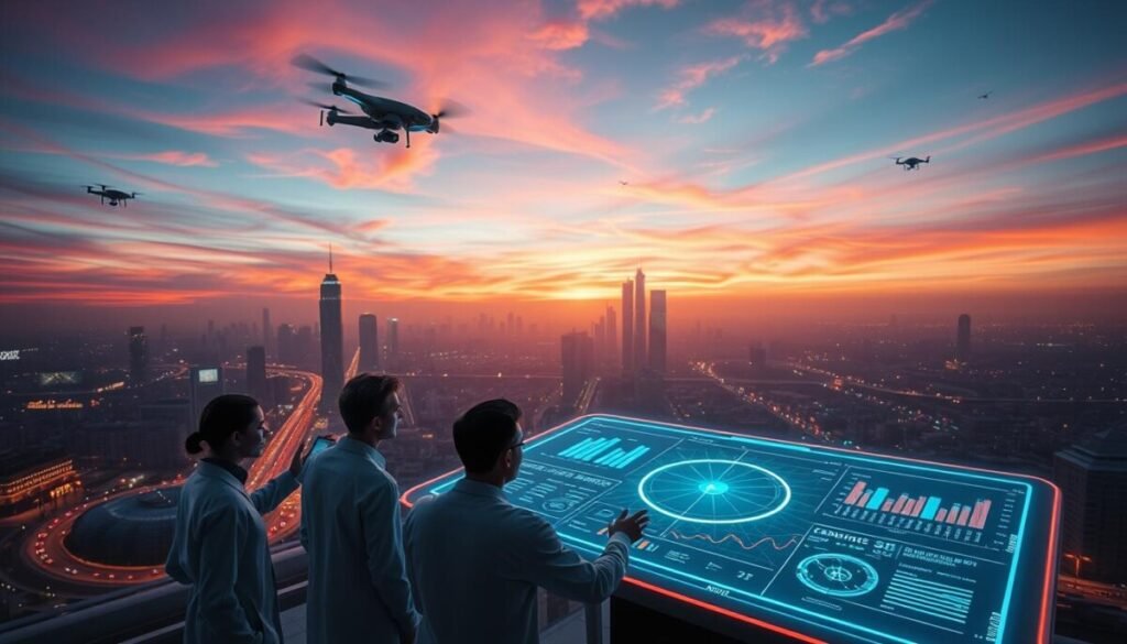 Hyper realistic, wide-angle photograph of a futuristic cityscape in the distance, with glowing holographic displays, hovering drones, and autonomous vehicles floating above the streets. In the foreground, a team of data scientists and SEO experts huddle around a large, holographic dashboard, analyzing intricate algorithms and AI-powered recommendations for optimizing website visibility and online traffic. The sky is filled with a vibrant, neon-infused sunset, casting an ethereal glow over the entire scene, conveying a sense of innovation, progress, and endless possibilities for the future of search engine optimization. Hyper realistic, wide-angle photograph of a futuristic cityscape in the distance, with glowing holographic displays, hovering drones, and autonomous vehicles floating above the streets. In the foreground, a team of data scientists and SEO experts huddle around a large, holographic dashboard, analyzing intricate algorithms and AI-powered recommendations for optimizing website visibility and online traffic. The sky is filled with a vibrant, neon-infused sunset, casting an ethereal glow over the entire scene, conveying a sense of innovation, progress, and endless possibilities for the future of search engine optimization.