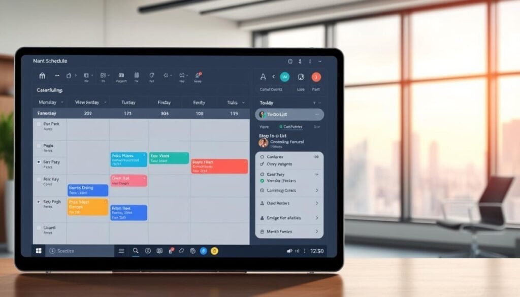 a hyper-realistic photo of a desktop scheduling tool application with a clean, modern interface. The foreground features a calendar view with various tasks and events displayed. The middle ground showcases customizable widgets, such as a to-do list and notification panel. The background depicts a blurred, minimalist office setting with a large window overlooking a cityscape. The overall aesthetic is sleek, efficient, and visually appealing, conveying the functionality and ease of use of a powerful scheduling tool. a hyper-realistic photo of a desktop scheduling tool application with a clean, modern interface. The foreground features a calendar view with various tasks and events displayed. The middle ground showcases customizable widgets, such as a to-do list and notification panel. The background depicts a blurred, minimalist office setting with a large window overlooking a cityscape. The overall aesthetic is sleek, efficient, and visually appealing, conveying the functionality and ease of use of a powerful scheduling tool.