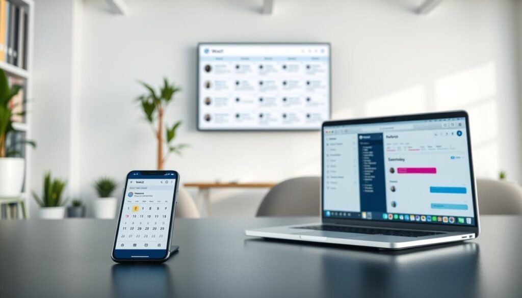a hyper realistic photo of an office desk with a smartphone, laptop, and calendar in the foreground. The smartphone screen displays a tweet scheduling interface with a calendar and scheduling options. The laptop screen shows a social media dashboard with analytics and scheduling tools. In the middle ground, a wall-mounted display shows a schedule of upcoming tweets. The background features a minimalist office environment with potted plants, natural lighting, and a clean, modern aesthetic. The overall scene conveys a sense of productivity, organization, and effective tweet scheduling. a hyper realistic photo of an office desk with a smartphone, laptop, and calendar in the foreground. The smartphone screen displays a tweet scheduling interface with a calendar and scheduling options. The laptop screen shows a social media dashboard with analytics and scheduling tools. In the middle ground, a wall-mounted display shows a schedule of upcoming tweets. The background features a minimalist office environment with potted plants, natural lighting, and a clean, modern aesthetic. The overall scene conveys a sense of productivity, organization, and effective tweet scheduling.