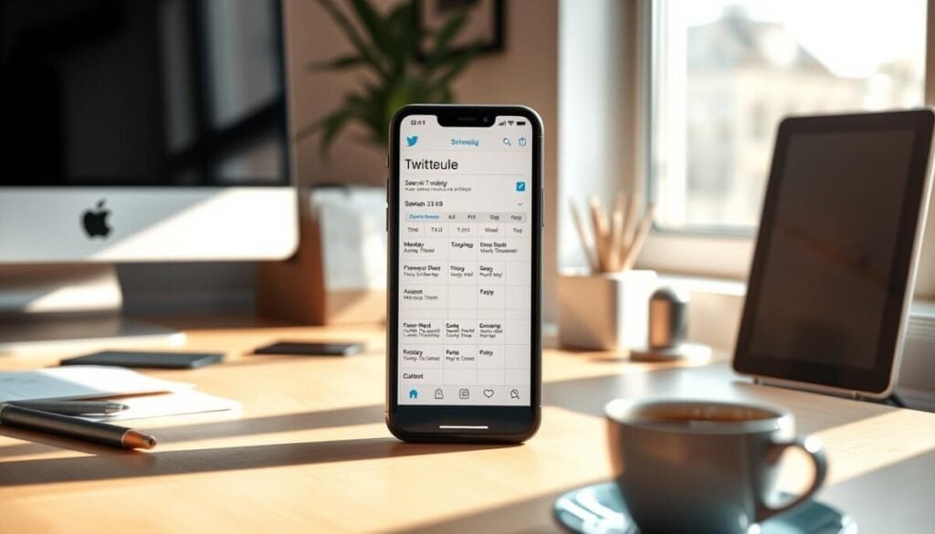 a hyper realistic photograph of a smartphone screen displaying the Twitter scheduling interface, with a calendar and various time slots clearly visible. The screen is surrounded by a clean, minimalist workspace with a desktop computer, office supplies, and a cup of coffee in the foreground. The image is bathed in warm, natural lighting from a nearby window, casting soft shadows and creating a productive, focused atmosphere. The overall composition emphasizes the process of scheduling Twitter posts well in advance, capturing the attention-to-detail and organization required for effective social media management.