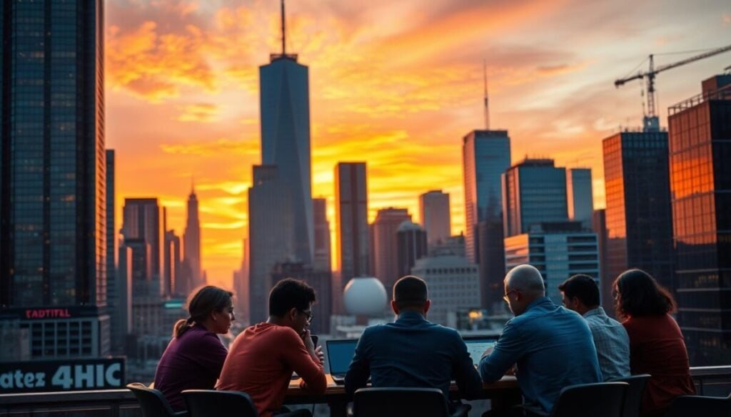 A bustling cityscape at dusk, towering skyscrapers silhouetted against a vibrant sunset sky. In the foreground, a group of content creators huddle around a table, laptops and smartphones in hand, brainstorming alternative monetization strategies for their YouTube Shorts. The scene is bathed in a warm, golden light, capturing the creative energy and entrepreneurial spirit of these digital innovators as they explore new ways to monetize their engaging short-form content. The details are crisp and hyper-realistic, drawing the viewer into the dynamic, forward-thinking atmosphere. A bustling cityscape at dusk, towering skyscrapers silhouetted against a vibrant sunset sky. In the foreground, a group of content creators huddle around a table, laptops and smartphones in hand, brainstorming alternative monetization strategies for their YouTube Shorts. The scene is bathed in a warm, golden light, capturing the creative energy and entrepreneurial spirit of these digital innovators as they explore new ways to monetize their engaging short-form content. The details are crisp and hyper-realistic, drawing the viewer into the dynamic, forward-thinking atmosphere.