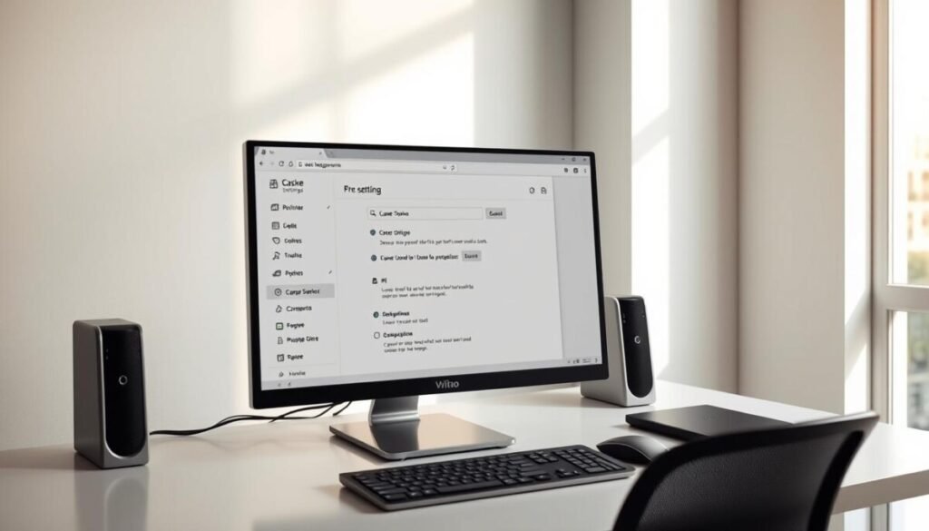 A clean, well-lit office setting with a modern desktop computer and peripheral devices. The main focus is the browser window on the computer screen, showcasing a range of settings and options related to cache management. The desktop is neatly organized, with a minimalist aesthetic. Subtle lighting from the window casts a warm glow, creating a serene and professional atmosphere. The composition emphasizes the importance of the browser settings, drawing the viewer's attention to the troubleshooting strategies for the "YouTube upload error 503 service unavailable" issue.