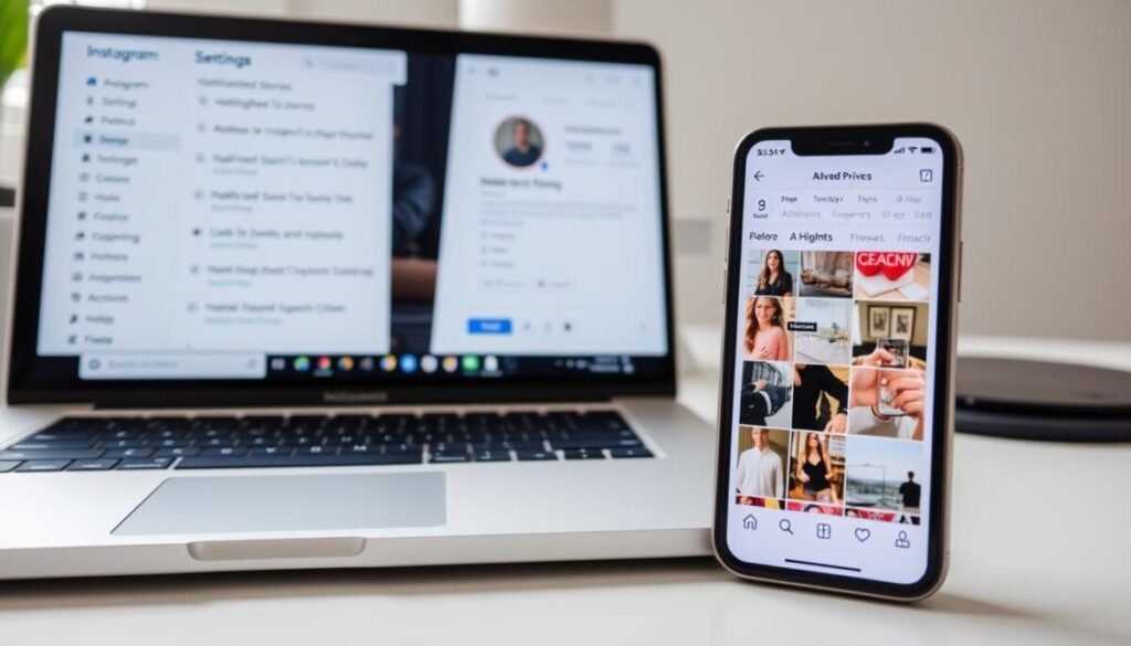 A clean, well-lit workspace with a sleek laptop and smartphone. On the laptop screen, a detailed Instagram settings menu with options for archiving, highlighted stories, and account privacy. The smartphone screen displays the Instagram app's archive interface, showcasing organized saved posts and highlights. The scene conveys a sense of productivity and digital organization, reflecting the article's focus on optimizing Instagram settings for a seamless user experience.