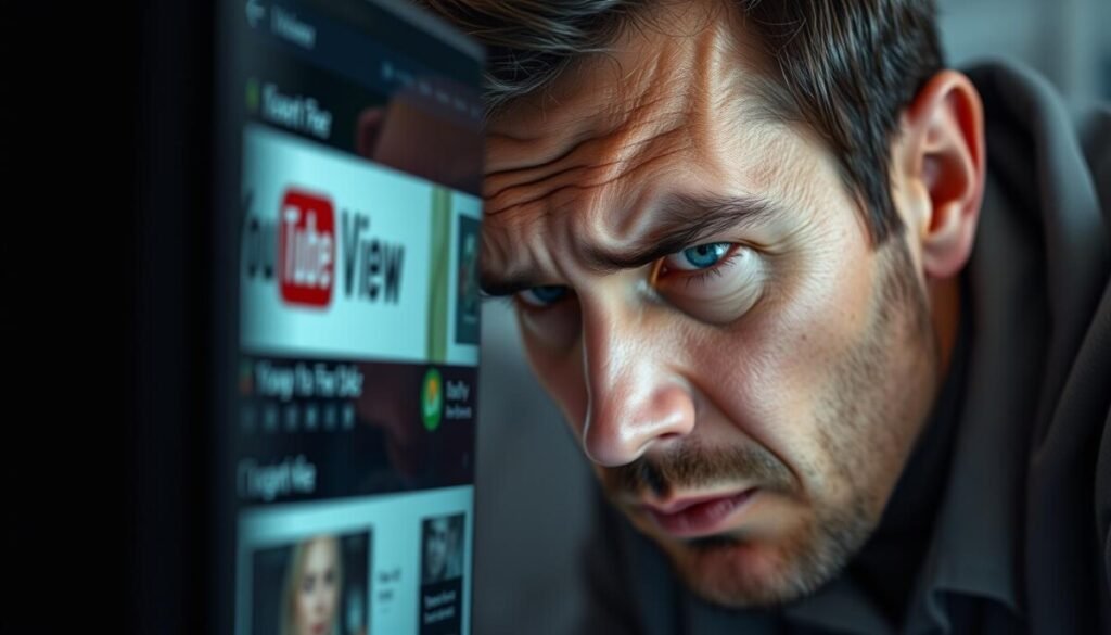 A close-up, hyper-realistic photograph of a frustrated person staring intently at a computer screen, their brow furrowed as they try to troubleshoot the slow update of their YouTube view count. The lighting is soft and diffused, highlighting the person's focused expression and the details of the computer interface. The background is blurred, drawing the viewer's attention to the central subject matter - the user's struggle to fix the issue at hand. The overall mood is one of tension and determination, as the person works to resolve the problem and get their view count accurately updated.