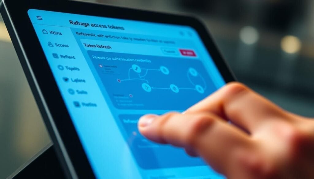 A close-up of a digital device, its screen displaying a sleek, modern interface with intuitive controls for managing access tokens. The foreground features a user's hand interacting with the device, highlighting the seamless experience of refreshing authentication credentials. The middle ground showcases detailed diagrams and visualizations explaining the token refresh process, while the background subtly hints at the broader context of social media API management. The overall scene conveys a sense of technical proficiency, user-centric design, and the efficient resolution of common API access challenges.