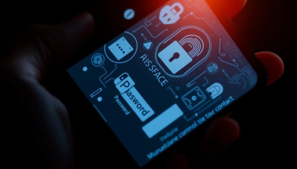 A close-up view of a hand holding a smartphone, the screen displaying a complex authentication process with various security challenges. Intricate lock icons, biometric scanners, and password input fields are prominently featured, creating a sense of the multilayered security measures required to access sensitive digital platforms. The lighting is dramatic, casting shadows that emphasize the serious nature of the authentication process. The background is blurred, keeping the focus on the detailed user interface elements that convey the technical complexities of secure access control. A close-up view of a hand holding a smartphone, the screen displaying a complex authentication process with various security challenges. Intricate lock icons, biometric scanners, and password input fields are prominently featured, creating a sense of the multilayered security measures required to access sensitive digital platforms. The lighting is dramatic, casting shadows that emphasize the serious nature of the authentication process. The background is blurred, keeping the focus on the detailed user interface elements that convey the technical complexities of secure access control.