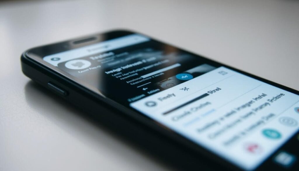 A close-up view of a smartphone screen displaying technical issues with an Instagram profile, captured with a high-quality DSLR camera under soft, even lighting. The screen shows a glitching, distorted interface with partially obscured icons and interface elements, conveying a sense of frustration and confusion. The foreground is in sharp focus, while the background is subtly blurred, drawing the viewer's attention to the problematic display. The overall mood is one of technological malfunction and disruption, hinting at the challenges users may face when encountering issues with their Instagram Highlights.