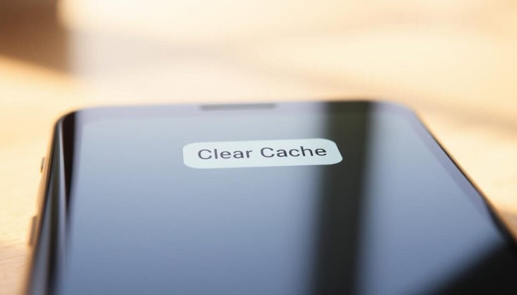 A close-up view of a smartphone screen, the home screen of the Instagram app visible, with a prominent "Clear Cache" button highlighted in the center. The screen is crisp and detailed, with a soft focus on the button, drawing the viewer's attention. The background is blurred, creating a sense of depth and emphasizing the focal point. The lighting is natural and diffused, creating a warm, inviting atmosphere. The overall aesthetic is clean, modern, and minimalist, reflecting the sleek design of the Instagram app. The image conveys a sense of resolving a technical issue, providing a clear and intuitive solution to the user.