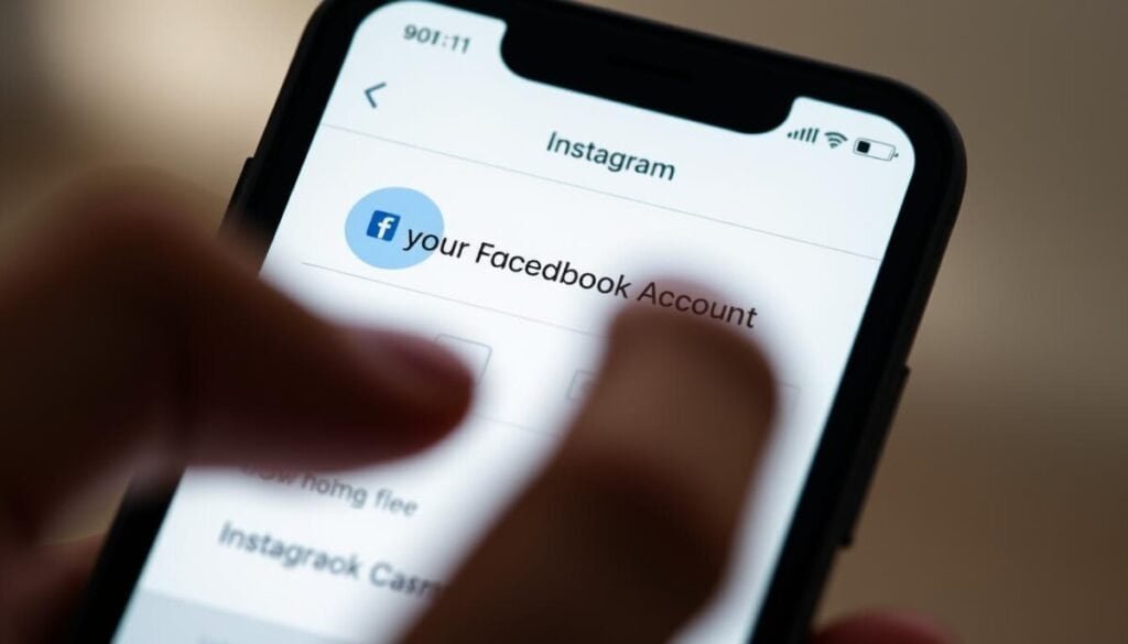 A close-up view of an iPhone screen displaying the "Link Your Facebook Account" option on the Instagram settings menu. The screen is backlit with a soft, warm glow, creating a muted, inviting atmosphere. The foreground showcases the clean, minimal Instagram interface with the familiar icons and layout. The middle ground features a blurred, out-of-focus hand gently interacting with the screen, conveying a sense of personal connection and user interaction. The background is subtly out of focus, adding depth and emphasizing the primary subject. The overall scene has a hyper-realistic photographic quality, capturing the nuanced details and textures of a real-world mobile device interface.