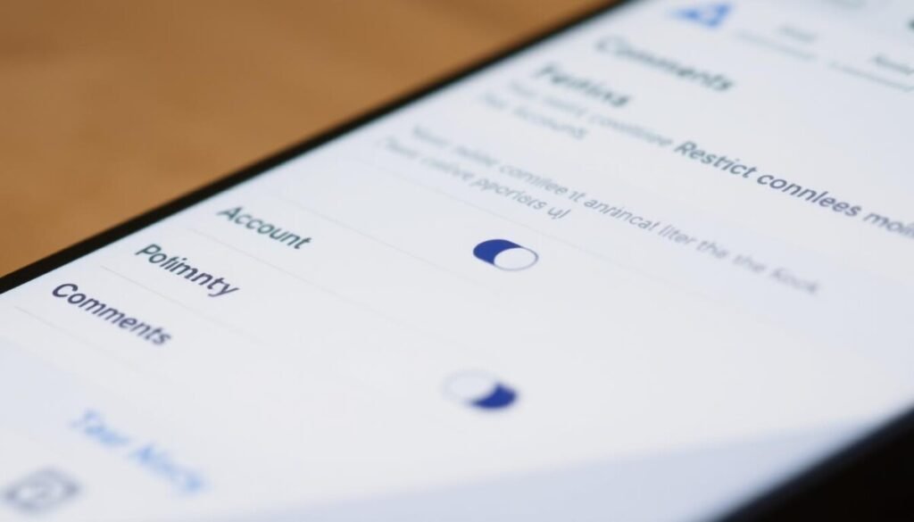 A close-up view of an open Instagram app settings menu, showcasing the privacy and security controls. The foreground displays various options like "Account Privacy", "Comments", and "Restrict Accounts". The middle ground highlights toggles and sliders to adjust permissions for who can comment, interact with, or view the user's profile. The background features a blurred Instagram interface, suggesting the context of the app. The lighting is natural and soft, with a warm, inviting tone. The angle is slightly angled to provide a detailed, informative perspective on the privacy settings.