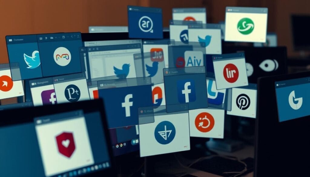 A cluttered computer desktop with multiple overlapping windows, each displaying a different logo or platform icon, symbolizing the challenges of content synchronization across multiple digital platforms. Soft, warm lighting illuminates the scene, creating a sense of disorganization and complexity. The windows have a semi-transparent quality, suggesting the dynamic nature of the content sync issues. The background is slightly blurred, drawing the viewer's attention to the foreground chaos. Hyper realistic photo. A cluttered computer desktop with multiple overlapping windows, each displaying a different logo or platform icon, symbolizing the challenges of content synchronization across multiple digital platforms. Soft, warm lighting illuminates the scene, creating a sense of disorganization and complexity. The windows have a semi-transparent quality, suggesting the dynamic nature of the content sync issues. The background is slightly blurred, drawing the viewer's attention to the foreground chaos. Hyper realistic photo.