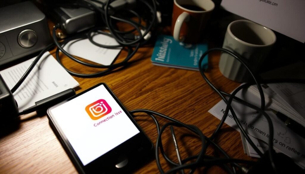 A cluttered desk, dimly lit, with a smartphone prominently displayed, its screen showing the familiar Instagram logo and the words "Connection Issues" in a bold, red font. The phone's screen casts a soft, warm glow, illuminating the surrounding clutter of cables, coffee mugs, and scattered papers, creating a sense of frustration and technical difficulties. The image conveys the user's struggle to access their Instagram account, particularly the Highlights feature, which appears to be malfunctioning. The overall atmosphere is one of technological distress and the user's inability to resolve the problem at hand.