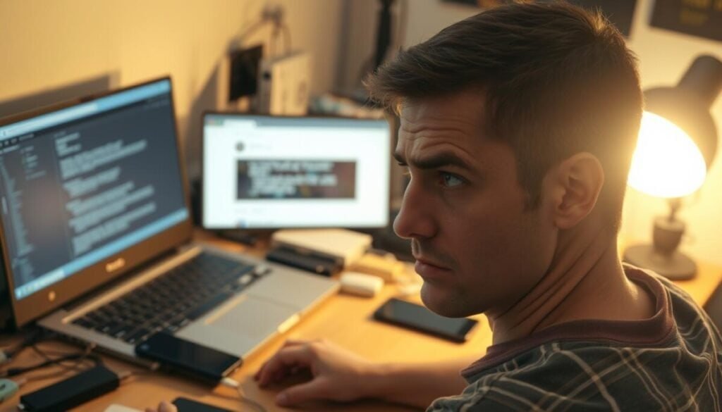A cluttered desk with a laptop, smartphone, and various cables and peripherals, illuminated by a warm, focused light. In the foreground, a perplexed user stares at the screen, brow furrowed, as they attempt to troubleshoot a problematic file upload. The middle ground features a partially obscured browser window, hinting at the technical nature of the issue. The background is softly blurred, creating a sense of focus on the central troubleshooting scene. The overall atmosphere conveys a mood of concentration and problem-solving, with a touch of frustration.