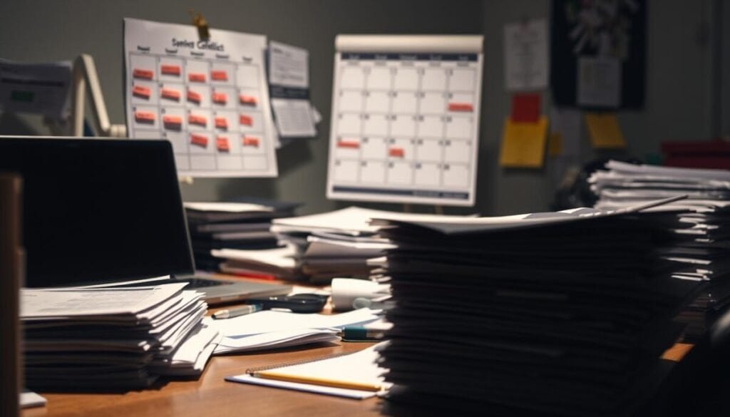 A cluttered desk with stacks of documents, a laptop, and a calendar displaying scheduling conflicts. The lighting is bright and directional, casting sharp shadows and highlighting the disorganized workspace. The foreground is in focus, while the background is slightly blurred, creating a sense of depth. The mood is one of frustration and stress, with the tangible signs of scheduling issues and the lack of order conveying the challenges of effective time management.
