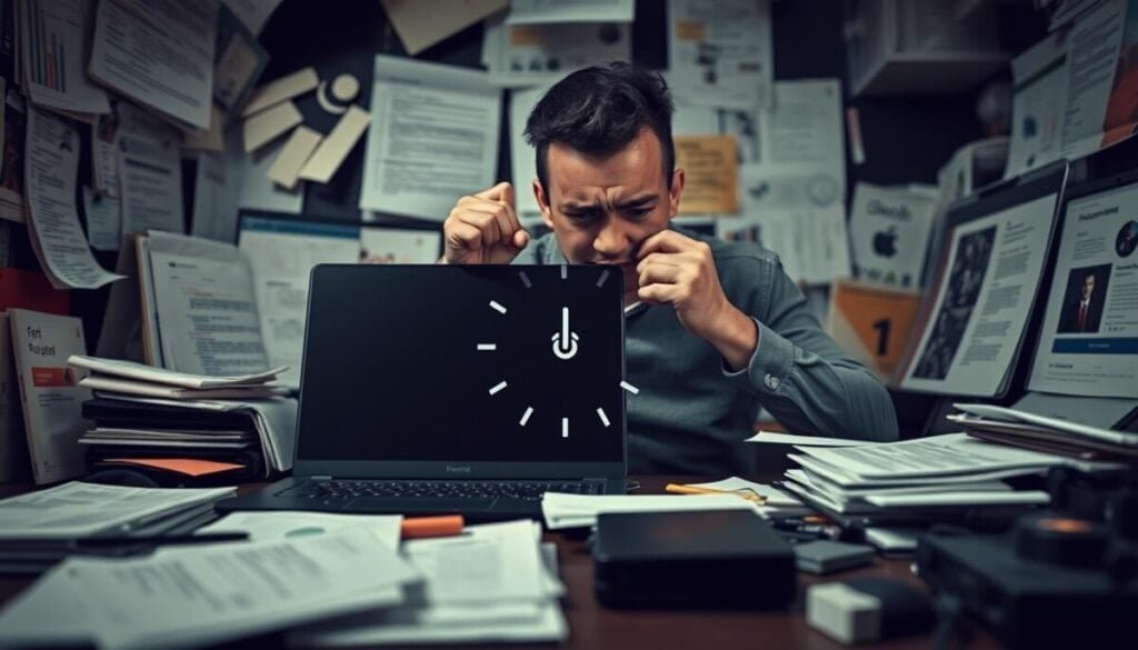 A cluttered desktop with various app windows, documents, and browser tabs open, suggesting a stalled or unresponsive system. The foreground features a spinning "processing" icon against a backdrop of frustrated gestures and a furrowed brow, conveying the user's exasperation. Muted colors and harsh lighting create a sense of tension and urgency, while the blurred periphery draws the eye to the central issue. Hyper-realistic, high-resolution photography captures the scene in meticulous detail, heightening the user's palpable sense of technological frustration. A cluttered desktop with various app windows, documents, and browser tabs open, suggesting a stalled or unresponsive system. The foreground features a spinning "processing" icon against a backdrop of frustrated gestures and a furrowed brow, conveying the user's exasperation. Muted colors and harsh lighting create a sense of tension and urgency, while the blurred periphery draws the eye to the central issue. Hyper-realistic, high-resolution photography captures the scene in meticulous detail, heightening the user's palpable sense of technological frustration.