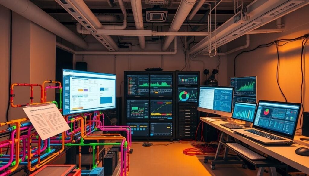 A complex data integration workflow unfolds in a clean, modern workspace. In the foreground, colorful data pipelines seamlessly connect various data sources - spreadsheets, databases, and APIs. In the middle ground, an array of analytics tools and dashboards provide real-time insights, their screens displaying vivid data visualizations. The background features sleek computing hardware and cables, creating an atmosphere of technological sophistication. Warm, directional lighting illuminates the scene, casting shadows that accentuate the depth and precision of the workflow. The overall impression is one of efficient, hyper-realistic data integration, perfectly suited to enhance the viewer's understanding of channel analytics.
