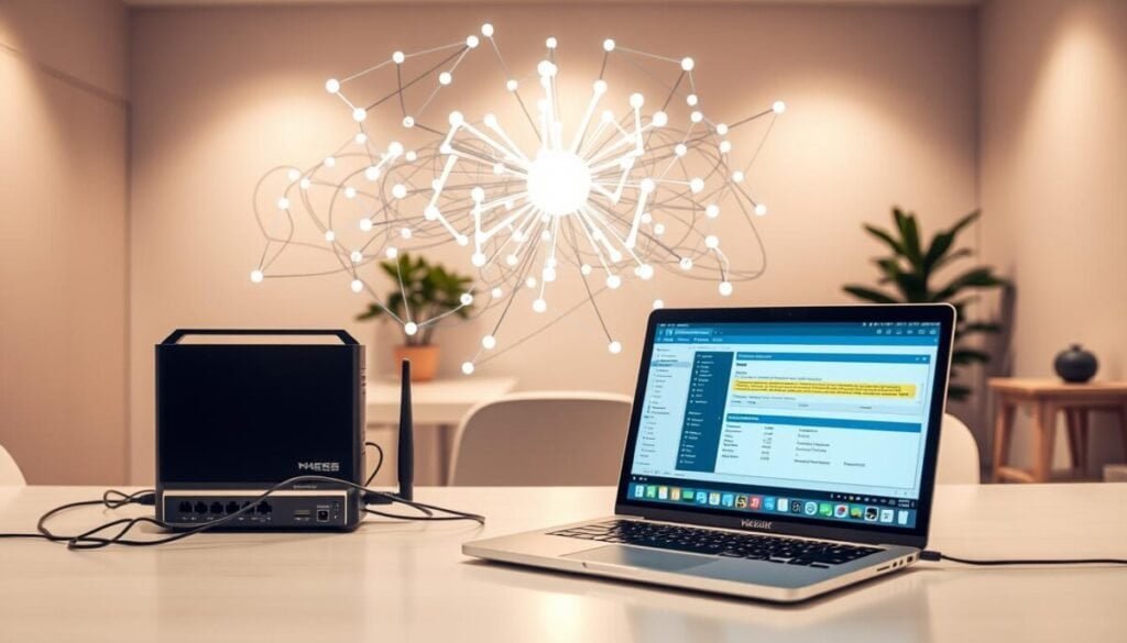 A complex network diagram with various interconnected nodes, cables, and devices, illuminated by a warm, soft lighting. In the foreground, a laptop screen displays network troubleshooting tools, providing a detailed analysis of connection issues. The middle ground features a router, modem, and other networking hardware, all neatly arranged. The background showcases a serene, minimalist office setting, with clean lines and subtle technological accents, creating a sense of professionalism and problem-solving. The overall scene conveys a methodical, analytical approach to resolving network connectivity problems, reflecting the subject of "Improving Internet Connection and Resolving Network Issues".