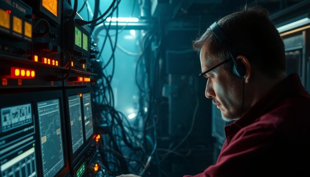 A complex technical control panel with an array of advanced diagnostic tools, intricate wiring, and blinking lights. The foreground features a technician intently studying the display, their face illuminated by the soft glow of the monitors. In the middle ground, a tangle of cables and circuit boards, hinting at the underlying complexity. The background is shrouded in a moody, industrial atmosphere, with shadows and highlights creating a sense of depth and technical sophistication. The overall scene conveys a sense of focused problem-solving and deep technical understanding.