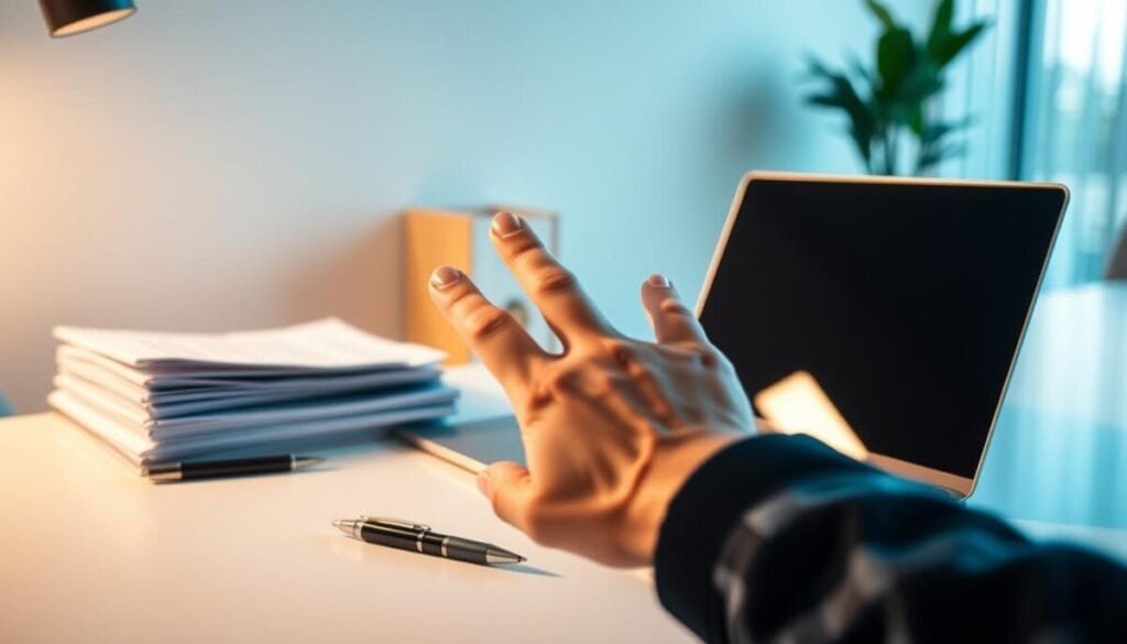 A contemporary office setting with a neatly organized desk, featuring a laptop, a stack of documents, and a pen resting on a clean, minimalist surface. The lighting is soft and diffused, creating a warm, professional atmosphere. In the foreground, a hand reaching towards the laptop, symbolizing the act of submitting an appeal. The background is blurred, putting the focus on the central elements. The overall composition conveys a sense of efficiency, diligence, and the deliberate process of navigating the appeal system. A contemporary office setting with a neatly organized desk, featuring a laptop, a stack of documents, and a pen resting on a clean, minimalist surface. The lighting is soft and diffused, creating a warm, professional atmosphere. In the foreground, a hand reaching towards the laptop, symbolizing the act of submitting an appeal. The background is blurred, putting the focus on the central elements. The overall composition conveys a sense of efficiency, diligence, and the deliberate process of navigating the appeal system.