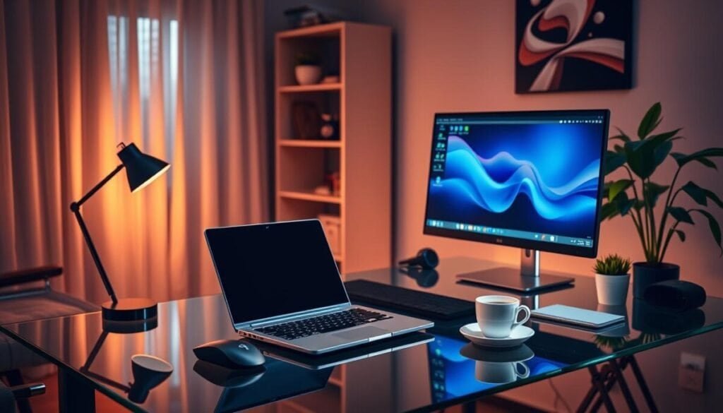A cozy and productive home office setup, featuring a sleek glass-and-metal desk with a powerful laptop, a high-resolution monitor, and a state-of-the-art wireless mouse and keyboard. The room is bathed in warm, ambient lighting, creating a professional yet inviting atmosphere. A modern, minimalist bookshelf stands in the background, while a potted plant adds a touch of natural greenery. The desk is neatly organized, with a stylish lamp, a few carefully curated office supplies, and a cup of freshly brewed coffee, all captured in a hyper-realistic photographic style.