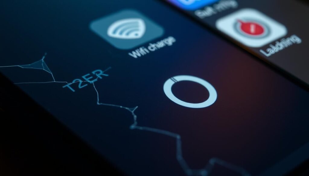 A crisp, high-resolution close-up of a smartphone display showing various error icons and status indicators, including an exclamation mark, a Wi-Fi symbol with a cross, a battery icon with a low charge, and a spinning loading ring. The screen is slightly cracked, with a subtle grid-like pattern visible through the glass. The lighting is a combination of cool-toned ambient illumination and warm highlights, creating depth and texture. The angle is slightly tilted, giving a sense of urgency and emphasizing the problematic nature of the device's performance. The overall mood is one of frustration and the need for troubleshooting.
