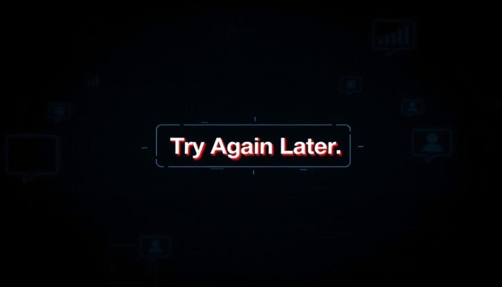 A dark, glitchy interface with a prominent error message, "Try Again Later," dominating the center of the frame. Flickering icons, corrupted visual elements, and a distorted, unsettling atmosphere create a sense of digital frustration. The background is a blend of muted, subdued tones, suggesting the user's growing irritation with the unresponsive social media platform. Harsh, directional lighting casts dramatic shadows, emphasizing the severity of the technical issue. The overall composition conveys the user's sense of powerlessness and the disruption to their online experience.