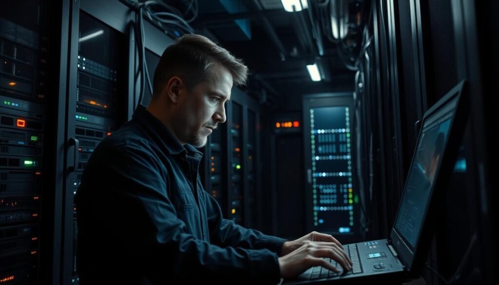 A darkened server room, the air thick with tension. Rows of gleaming racks, blinking lights dimmed by the haze of connectivity issues. A technician, brow furrowed, frantically taps at a console, surrounded by tangled cables and the whir of cooling fans. Harsh fluorescent lighting casts long shadows, heightening the sense of urgency. Ambient computer noise and the faint hum of struggling hardware create an unsettling symphony, underscoring the challenges of maintaining a stable network infrastructure. The scene evokes a palpable sense of troubleshooting and the race to resolve system-wide disruptions.