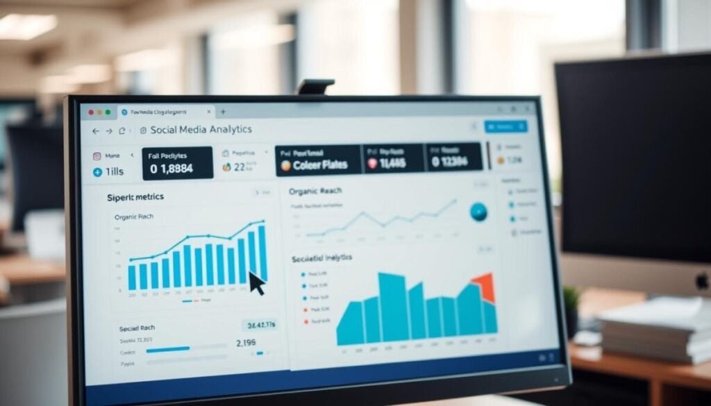 A desktop computer screen displaying various social media analytics dashboards, showcasing key metrics and insights. In the foreground, a mouse cursor hovers over a chart depicting organic reach data. The middle ground features a minimalist, modern interface with clean typography and vibrant data visualizations. The background is a softly blurred office environment, highlighting the analytical nature of the tools. Lighting is natural, conveying a sense of focus and productivity. The overall mood is one of professional, data-driven decision making. A desktop computer screen displaying various social media analytics dashboards, showcasing key metrics and insights. In the foreground, a mouse cursor hovers over a chart depicting organic reach data. The middle ground features a minimalist, modern interface with clean typography and vibrant data visualizations. The background is a softly blurred office environment, highlighting the analytical nature of the tools. Lighting is natural, conveying a sense of focus and productivity. The overall mood is one of professional, data-driven decision making.
