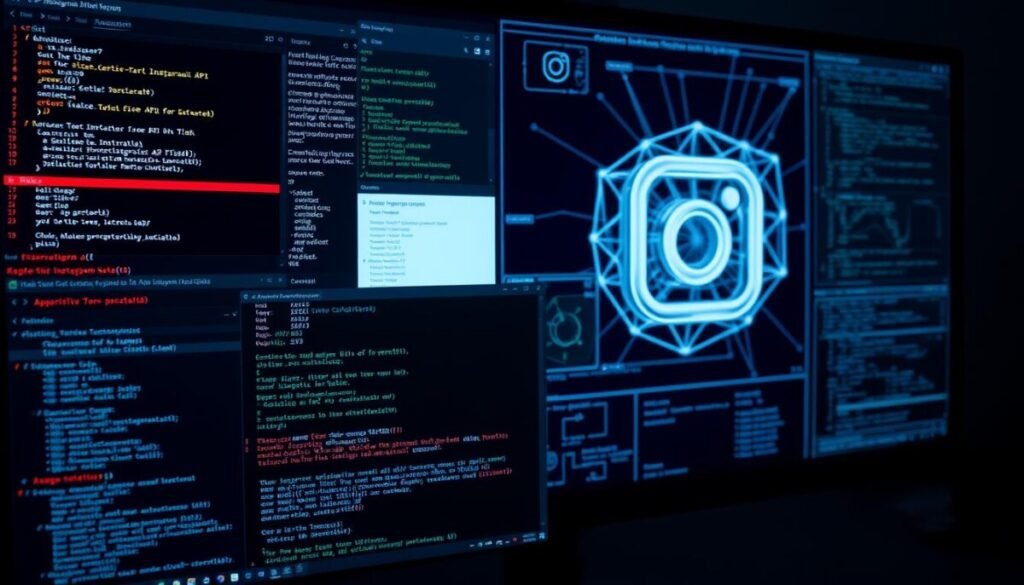 A detailed and highly technical computer screen displaying various debugging information, error messages, and diagnostic tools related to an expired Instagram API access token. The screen is bathed in a cool, bluish-teal glow from the monitor, creating a moody, technical atmosphere. In the foreground, windows and menus reveal code snippets, API call status, and other low-level details. The middle ground features network diagrams, data visualizations, and performance metrics, while the background showcases a three-dimensional model of the Instagram logo in a wireframe style. The overall scene conveys a sense of troubleshooting, problem-solving, and deep technical analysis.