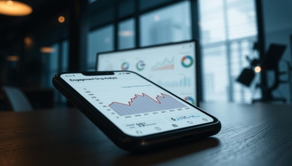 A detailed, data-driven visualization showcasing an "engagement drop analysis" on a smartphone screen. The foreground features a chart or graph prominently displayed, illustrating the decline in engagement metrics over time. The middle ground includes various analytics panels and UI elements, presented in a clean, minimalist interface. The background depicts a dimly lit, moody office setting, with soft, directional lighting casting shadows and highlighting the screen's contents. The overall tone is one of analytical precision and strategic insight, conveying the technical nature of the subject matter while maintaining a visually striking and professional aesthetic.