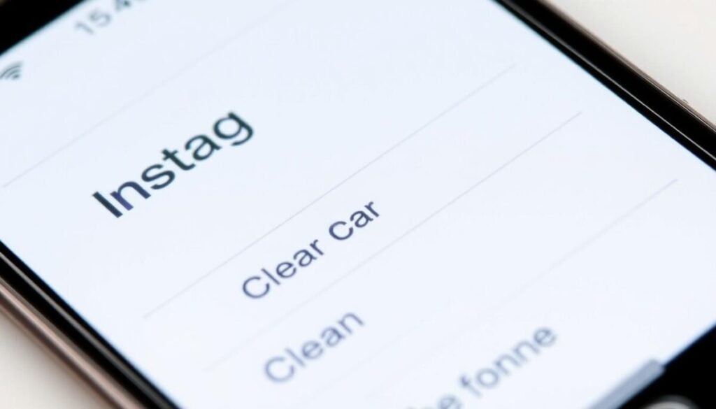 A detailed, high-resolution photograph of a mobile phone screen displaying the Instagram app's settings menu, with the "Clear Cache" option prominently featured. The screen is well-lit, with a clean, minimalist interface and a soft, neutral color palette. The camera angle is slightly elevated, providing a clear, unobstructed view of the screen's contents. The overall mood is one of simplicity and functionality, conveying the straightforward process of clearing the Instagram cache to improve performance.