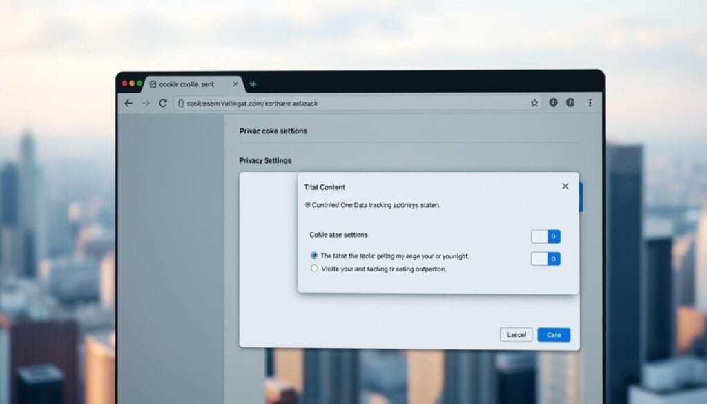 A detailed, high-resolution photograph of a sleek, modern web browser window displaying a cookie consent and privacy settings dialog. The foreground features the dialog box with clear, concise settings options and toggles for controlling data tracking and sharing preferences. The middle ground showcases the browser's elegant, minimal user interface design, with clean lines and a subtle gradient background. The background depth reveals a blurred, out-of-focus cityscape, conveying a sense of a professional, enterprise-level web application. Lighting is soft and even, with a touch of natural daylight filtering in, creating a calming, professional atmosphere. The overall composition and color palette evoke a sense of control, transparency, and trust in digital privacy.