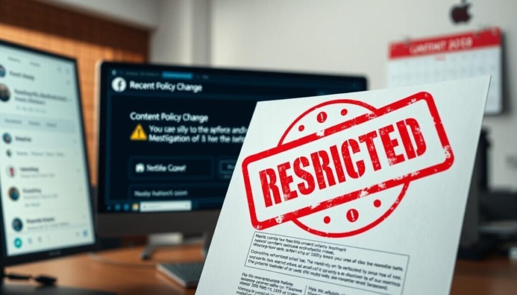 A detailed, hyper-realistic photo of content policy violations. In the foreground, a digital document with a red "Restricted" stamp prominently displayed, surrounded by warning symbols and exclamation marks. In the middle ground, a social media interface with a warning message about monetization restrictions. In the background, a blurred office setting with a computer monitor and a calendar featuring the date of a recent policy change. Bright, direct lighting casts shadows and highlights the severity of the situation. The overall tone conveys a sense of concern and the need for careful navigation of content policies. A detailed, hyper-realistic photo of content policy violations. In the foreground, a digital document with a red "Restricted" stamp prominently displayed, surrounded by warning symbols and exclamation marks. In the middle ground, a social media interface with a warning message about monetization restrictions. In the background, a blurred office setting with a computer monitor and a calendar featuring the date of a recent policy change. Bright, direct lighting casts shadows and highlights the severity of the situation. The overall tone conveys a sense of concern and the need for careful navigation of content policies.