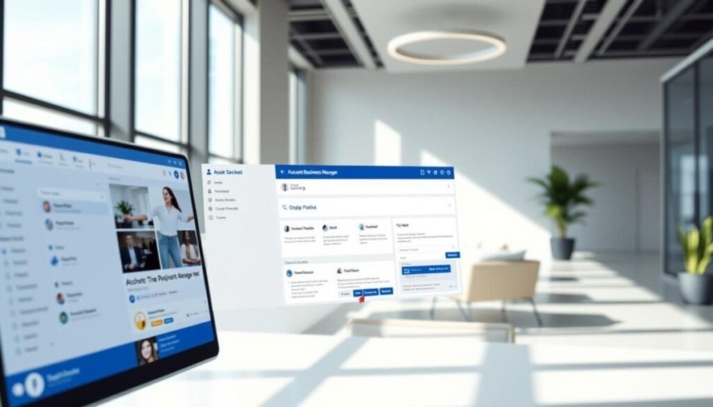 A detailed, hyper-realistic photograph of the Facebook Business Manager setup interface, showcasing the various sections and tools available. The foreground displays the main dashboard with customizable widgets, while the middle ground highlights the account connection process, with clear steps and visual indicators. The background features a sleek, minimalist office setting, with natural lighting filtering through large windows, creating a professional and polished atmosphere. The overall composition emphasizes the intuitiveness and functionality of the Facebook Business Manager platform, making it an ideal illustration for the "Step-by-Step Account Connection Setup" section of the article. A detailed, hyper-realistic photograph of the Facebook Business Manager setup interface, showcasing the various sections and tools available. The foreground displays the main dashboard with customizable widgets, while the middle ground highlights the account connection process, with clear steps and visual indicators. The background features a sleek, minimalist office setting, with natural lighting filtering through large windows, creating a professional and polished atmosphere. The overall composition emphasizes the intuitiveness and functionality of the Facebook Business Manager platform, making it an ideal illustration for the "Step-by-Step Account Connection Setup" section of the article.