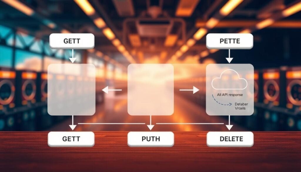A detailed, technical diagram illustrating the various HTTP request methods used in API development, rendered in a hyper-realistic photographic style. The foreground shows a clean, minimalist user interface with labeled buttons for GET, POST, PUT, PATCH, and DELETE methods. The middle ground depicts a series of request-response cycles, with arrows and data visualizations demonstrating the distinct behaviors and use cases of each API method type. The background features a blurred, out-of-focus landscape of web servers, databases, and cloud infrastructure, conveying the broader context of API-driven application architecture. Warm, directional lighting creates depth and emphasizes the technical details, while a shallow depth of field focuses the viewer's attention on the core conceptual elements. A detailed, technical diagram illustrating the various HTTP request methods used in API development, rendered in a hyper-realistic photographic style. The foreground shows a clean, minimalist user interface with labeled buttons for GET, POST, PUT, PATCH, and DELETE methods. The middle ground depicts a series of request-response cycles, with arrows and data visualizations demonstrating the distinct behaviors and use cases of each API method type. The background features a blurred, out-of-focus landscape of web servers, databases, and cloud infrastructure, conveying the broader context of API-driven application architecture. Warm, directional lighting creates depth and emphasizes the technical details, while a shallow depth of field focuses the viewer's attention on the core conceptual elements.