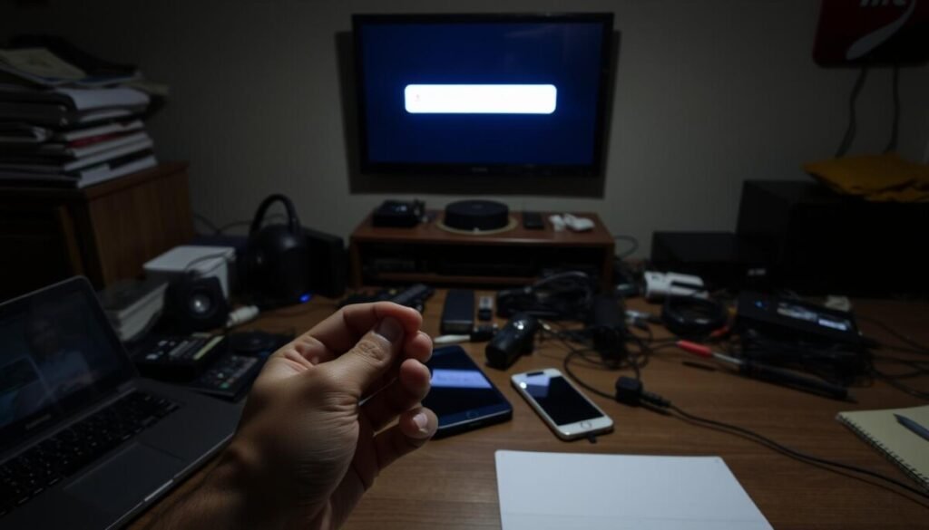 A dimly lit, cluttered desktop with an array of tech devices - a laptop, tablet, smartphone, and cables. In the foreground, a hand holds a screwdriver, preparing to troubleshoot a malfunctioning video device. The background features a wall-mounted TV displaying an error message, "YouTube Error 503 Service Unavailable." The scene conveys a sense of problem-solving, with strategic lighting casting shadows and highlighting the tools and devices involved in the troubleshooting process. The overall atmosphere is one of focus and determination to resolve the technical issue at hand.