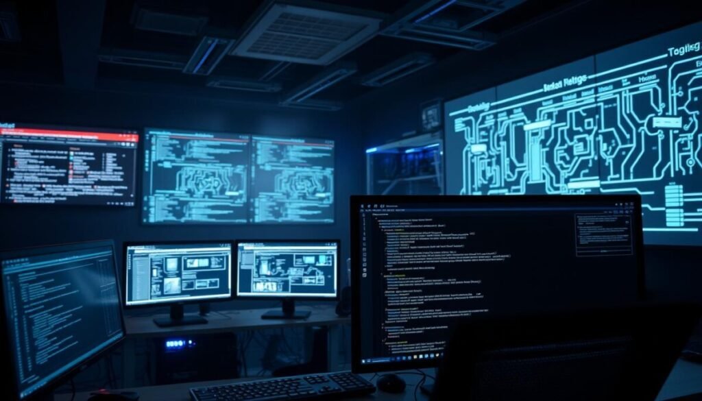 A dimly lit, high-tech control room with banks of monitors displaying a complex web of content filtering algorithms and loopholes. In the foreground, a hacker's workstation with multiple windows open, showcasing lines of code, network diagrams, and data visualizations. The middle ground features a server rack emitting a faint blue glow, hinting at the powerful yet flawed infrastructure underlying content moderation systems. The background is shrouded in a hazy, ominous atmosphere, conveying the sense of a perpetual cat-and-mouse game between content creators, platforms, and those seeking to exploit the system. The scene is captured with a cinematic, hyper-realistic photographic style, emphasizing the technical details and the gravity of the subject matter.