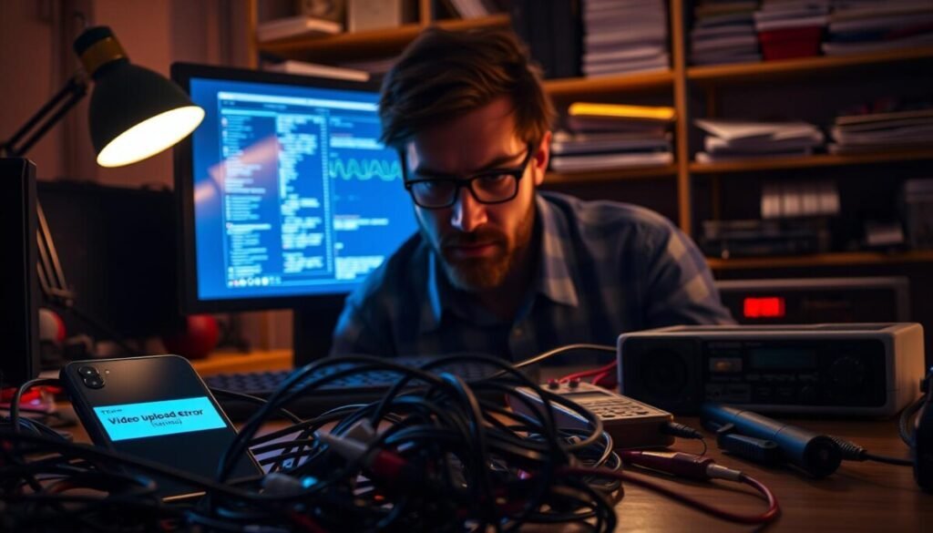 A dimly lit office desk, the glow of a computer screen reflecting on the face of a frustrated engineer. In the foreground, a tangled mess of cables and a smartphone displaying a "video upload error" message. The middle ground reveals an array of diagnostic tools - a voltmeter, an oscilloscope, and a soldering iron. In the background, shelves lined with technical manuals and spare hardware components. The lighting is moody, with a mixture of warm desk lamps and cool blue monitor glow, creating a sense of intense focus and problem-solving. The overall atmosphere conveys the challenge of unraveling a complex technical issue, requiring a keen eye for detail and a methodical approach.