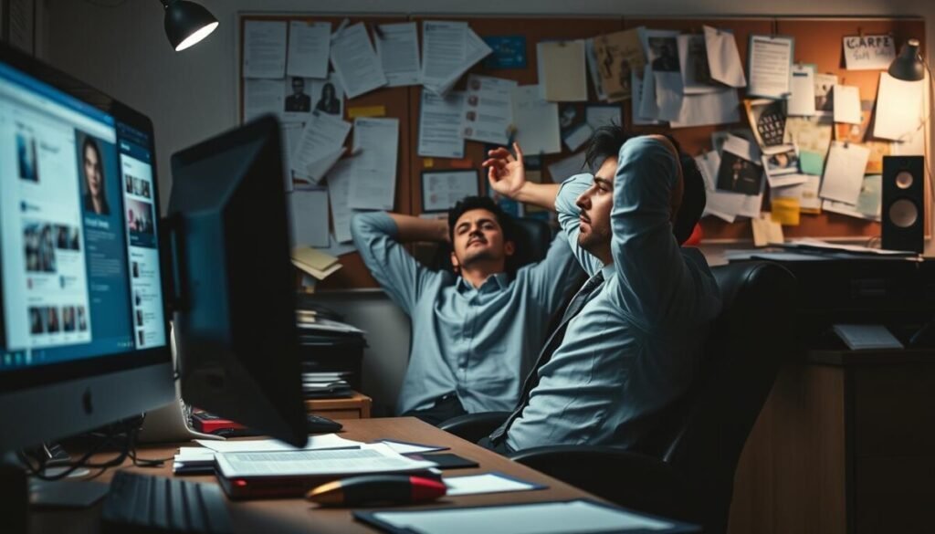 A dimly lit office scene, with a desk in the foreground featuring a cluttered computer setup, various social media apps open on the screen. In the middle ground, a frustrated-looking office worker leans back in their chair, hands raised in exasperation. The background showcases a cluttered bulletin board, with printouts, sticky notes, and other office paraphernalia haphazardly pinned up, conveying a sense of disorganization. The lighting is low-key, creating shadows and highlights that add depth and drama to the scene. The overall atmosphere is one of frustration and information overload, capturing the essence of common social media posting errors.