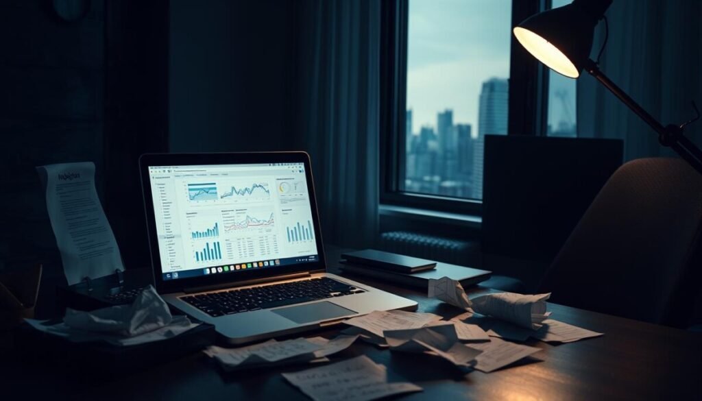 A dimly lit office space, the air thick with frustration. On the desk, a laptop displays a convoluted analytics dashboard, its data points seemingly at odds. Surrounding the laptop, crumpled printouts and hastily scrawled notes, a testament to the user's struggle to reconcile the discrepancies. Shadows cast by the desk lamp create a sense of urgency, while the muted tones of the room evoke a mood of contemplation. Through the window, the city skyline looms, a reminder of the wider context in which these data challenges exist. Hyper realistic, cinematic lighting and composition draw the viewer into the scene, inviting them to unravel the complexities of this analytical conundrum.