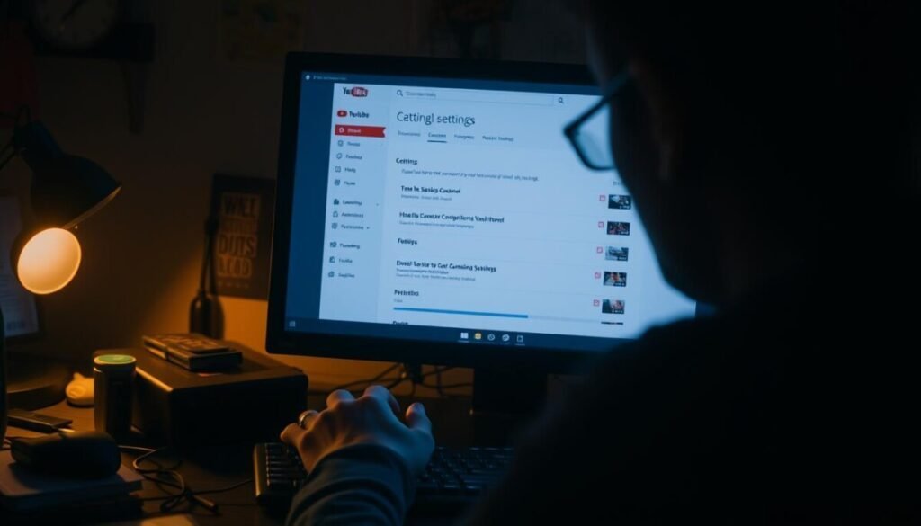 A dimly lit office workspace, the desktop computer screen casting a soft glow across the cluttered desk. A hand hovers over the keyboard, cursor poised on the YouTube settings menu. The scene is bathed in a warm, ambient light, creating an atmosphere of focused attention and problem-solving. The user's face is obscured, reflecting the thoughtful process of adjusting the channel settings, fine-tuning the permissions and preferences to resolve the community tab issue. The composition emphasizes the technical nature of the task, with the screen and keyboard taking center stage, conveying a sense of deliberate, hands-on problem-solving.