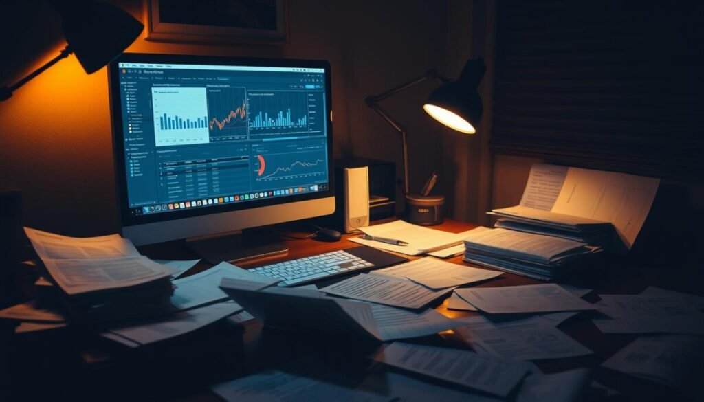 A dimly lit office workspace, with a desktop computer displaying a complex data visualization dashboard. Scattered papers, research notes, and reference materials cover the desk, creating a sense of deep analytical focus. Warm, directional lighting illuminates the scene, casting subtle shadows and highlighting the details of the data analysis process. The environment conveys a mood of intellectual curiosity and diligent problem-solving, hinting at the insights being uncovered from the recent research and media analyses.