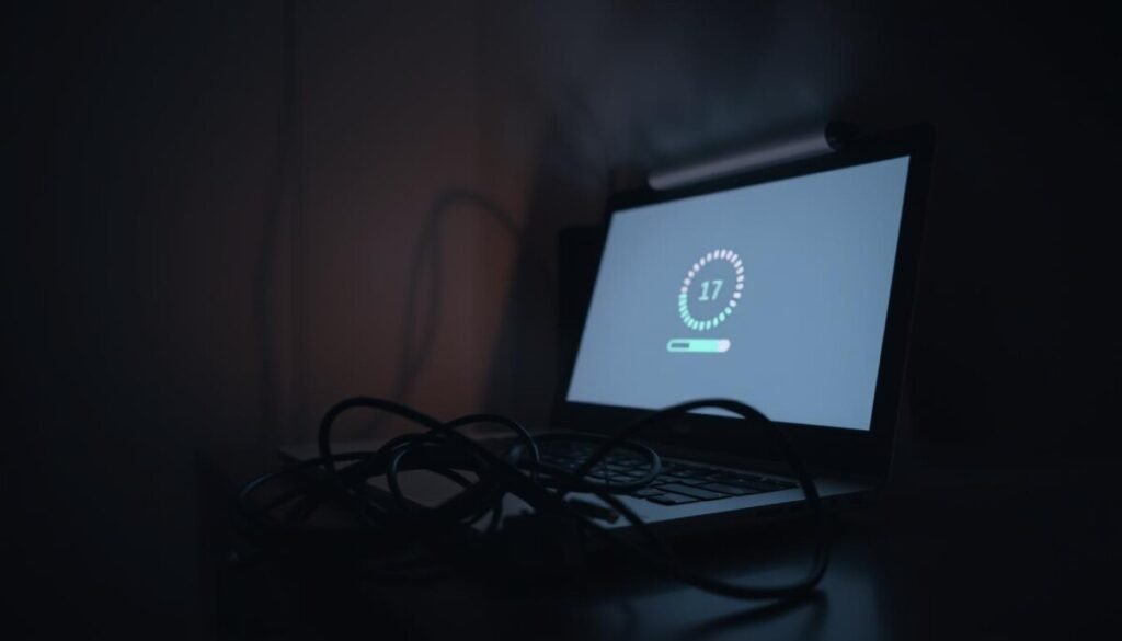 A dimly lit room, illuminated by the soft glow of a laptop screen. Tangled ethernet cables snake across the desk, their ends unplugged, signaling a troubled internet connection. The room is shrouded in a hazy, moody atmosphere, with subtle shadows and highlights that accentuate the tension of the scene. The laptop's display shows a spinning loading icon, a universal symbol of the frustration that comes with online connectivity issues. The angle is slightly tilted, creating a sense of unease and uncertainty, mirroring the user's struggle to regain their digital lifeline.